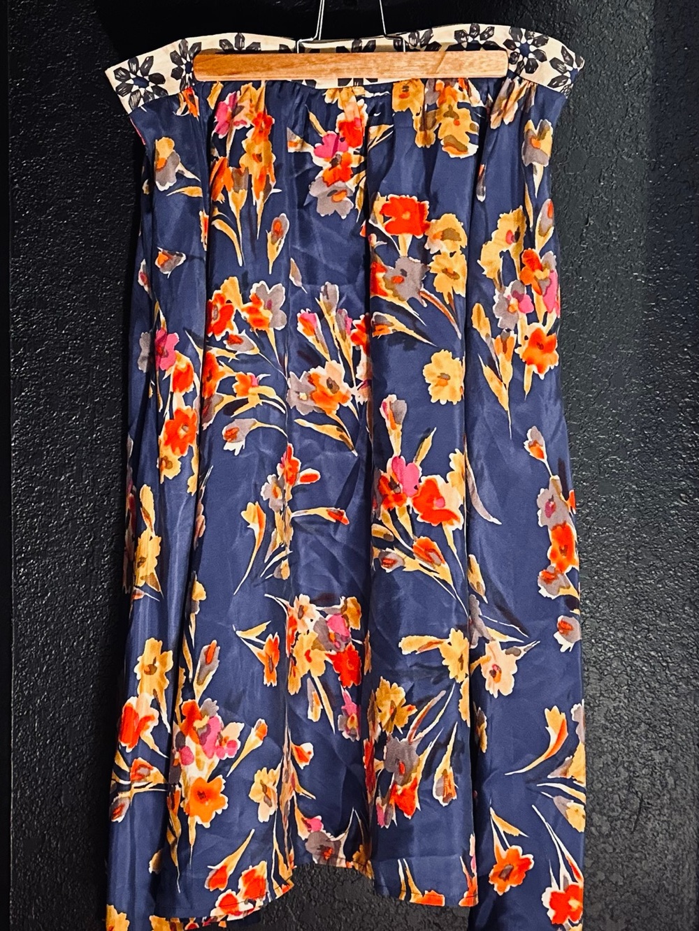 Navy Floral A-Line Midi Skirt with Yellow & Pink Blooms